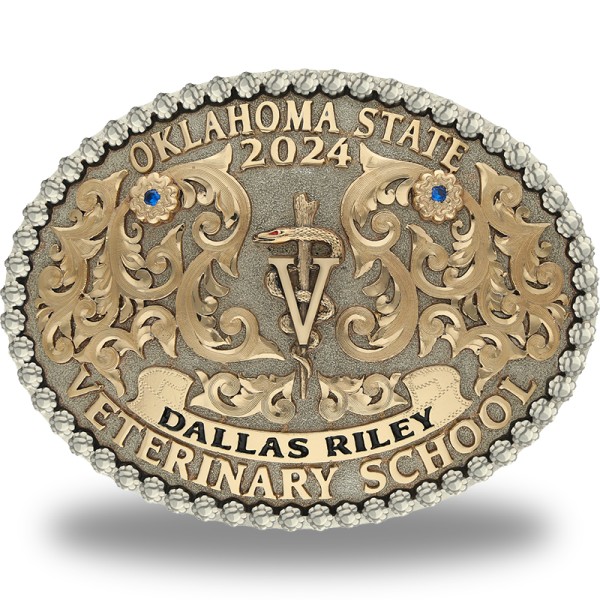 An oval belt buckle for Oklahoma State 2024 Veterinary School with personalized name featuring a custom logo 